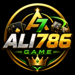 ALI786 Game logo with gold and green 3D gaming design, cards, dice, crown, and bold ALI786 text.